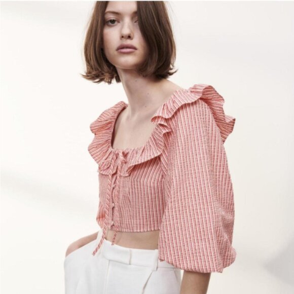 NEW Zara Cotton striped puff sleeve crop top in Red and White, Size L - Picture 7 of 15